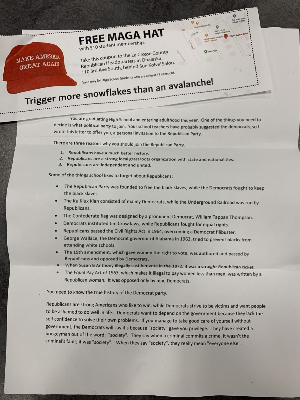 Letter to area high school seniors from La Crosse Republican Party